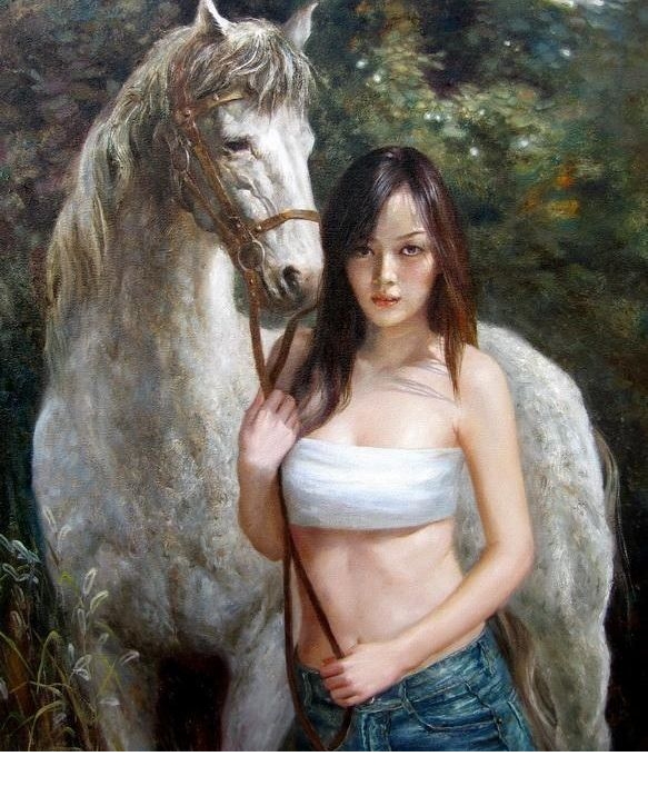 艺术家人体油画中性感迷人的东方女郎